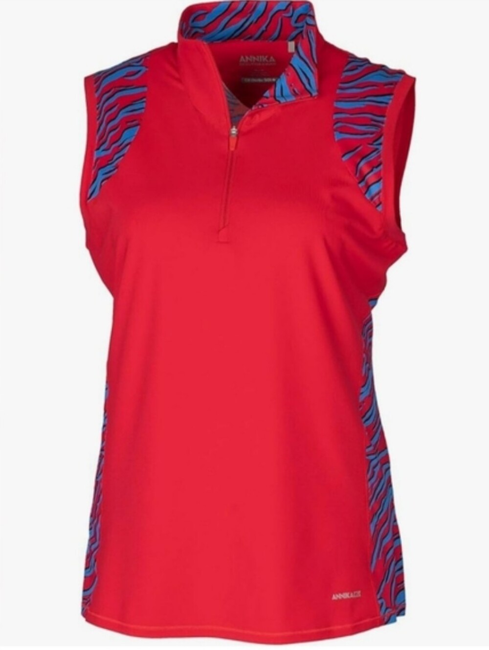 ANNIKA Red Sleeveless Golf Polo with Blue Zebra-Print Accents